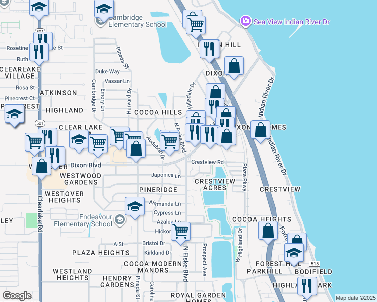 map of restaurants, bars, coffee shops, grocery stores, and more near 950 Dixon Boulevard in Cocoa