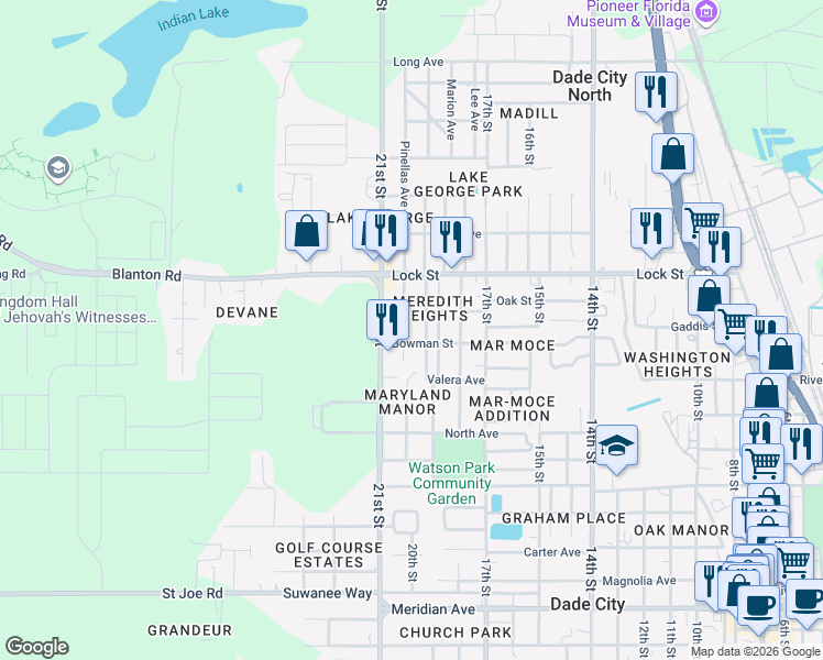 map of restaurants, bars, coffee shops, grocery stores, and more near 14838 Blanton Street in Dade City