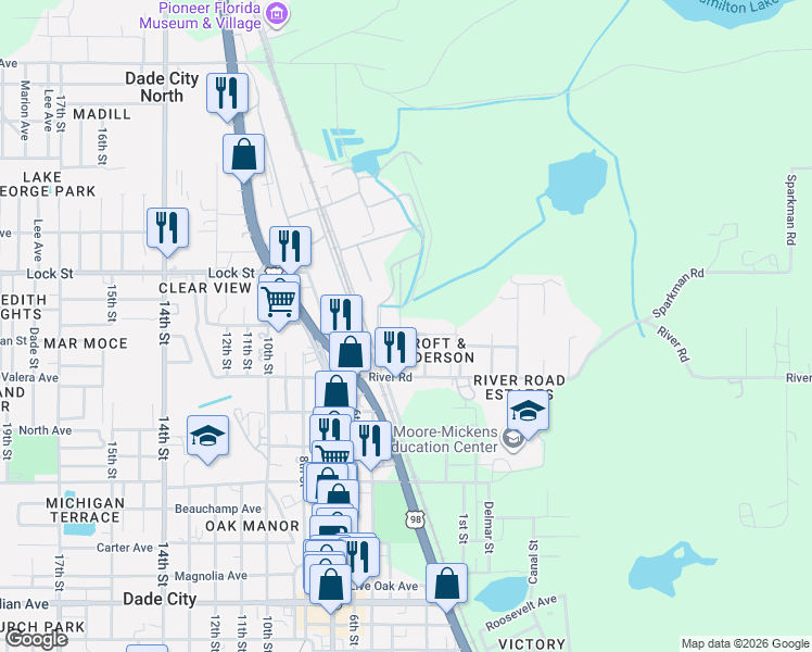 map of restaurants, bars, coffee shops, grocery stores, and more near 38027 Feagin Street in Dade City