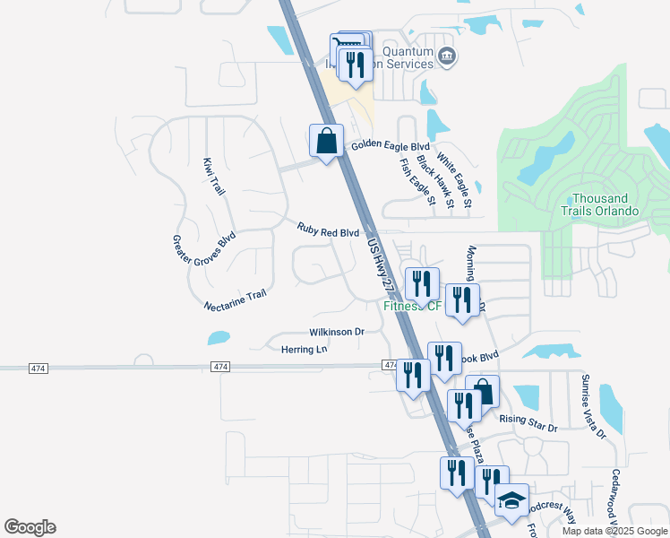 map of restaurants, bars, coffee shops, grocery stores, and more near 16101 Dorchester Boulevard in Clermont
