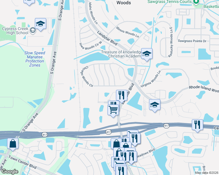 map of restaurants, bars, coffee shops, grocery stores, and more near 201 Chicago Woods Circle in Orlando