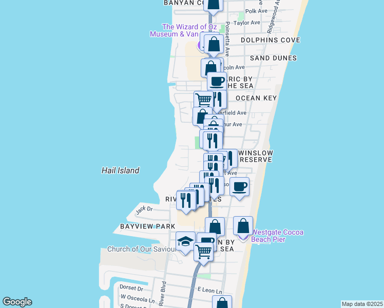 map of restaurants, bars, coffee shops, grocery stores, and more near 210 Holman Road in Cape Canaveral