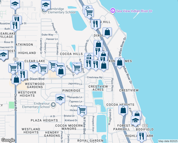 map of restaurants, bars, coffee shops, grocery stores, and more near 950 Dixon Boulevard in Cocoa
