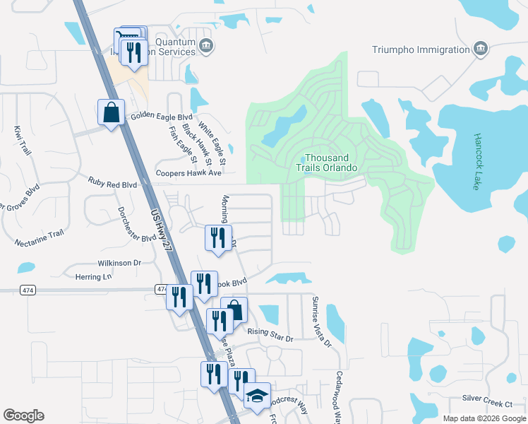 map of restaurants, bars, coffee shops, grocery stores, and more near 2045 Morning Star Drive in Clermont
