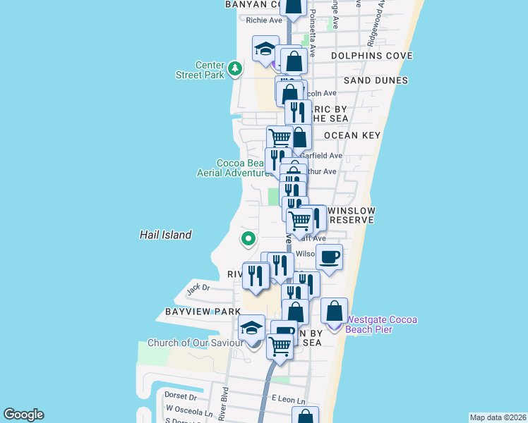map of restaurants, bars, coffee shops, grocery stores, and more near 210 Holman Road in Cape Canaveral