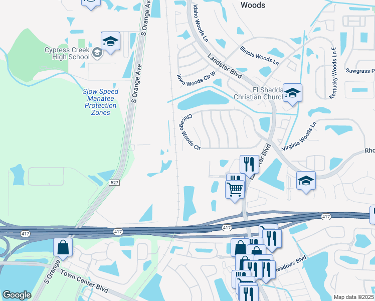 map of restaurants, bars, coffee shops, grocery stores, and more near 13149 Dallas Woods Lane in Orlando