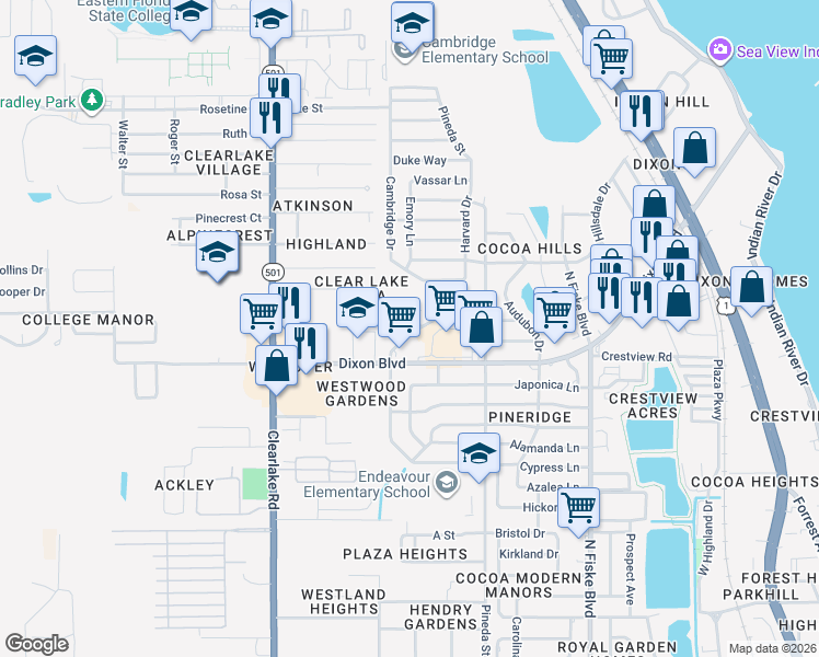 map of restaurants, bars, coffee shops, grocery stores, and more near 1327 West Point Drive in Cocoa