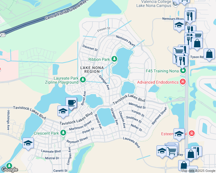 map of restaurants, bars, coffee shops, grocery stores, and more near 13375 Granger Avenue in Orlando