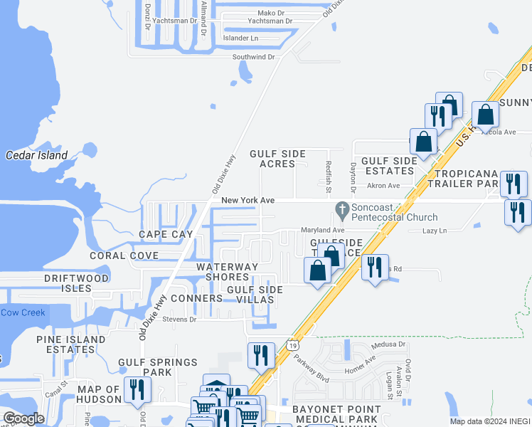 map of restaurants, bars, coffee shops, grocery stores, and more near 7425 Sheepshead Drive in Hudson