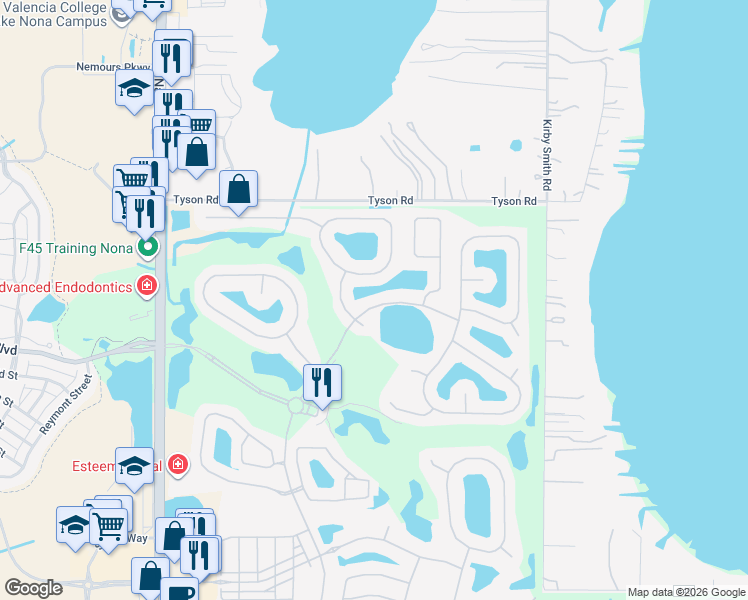 map of restaurants, bars, coffee shops, grocery stores, and more near 10530 Mere Parkway in Orlando