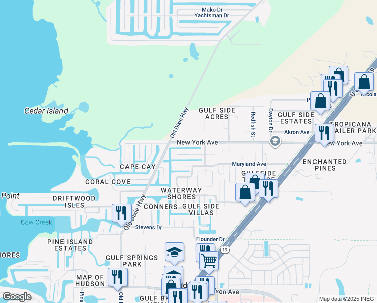 map of restaurants, bars, coffee shops, grocery stores, and more near 7319 Sheepshead Drive in Hudson