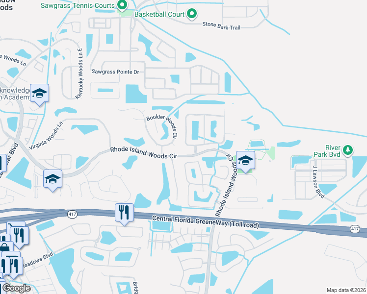 map of restaurants, bars, coffee shops, grocery stores, and more near 1117 Miami Woods Court in Orlando