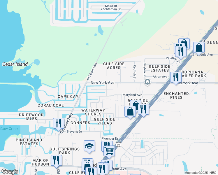 map of restaurants, bars, coffee shops, grocery stores, and more near 14811 Shark Street in Hudson