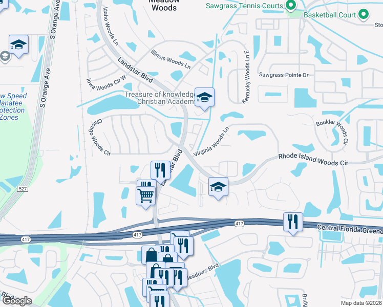 map of restaurants, bars, coffee shops, grocery stores, and more near 402 Rhode Island Woods Circle in Orlando