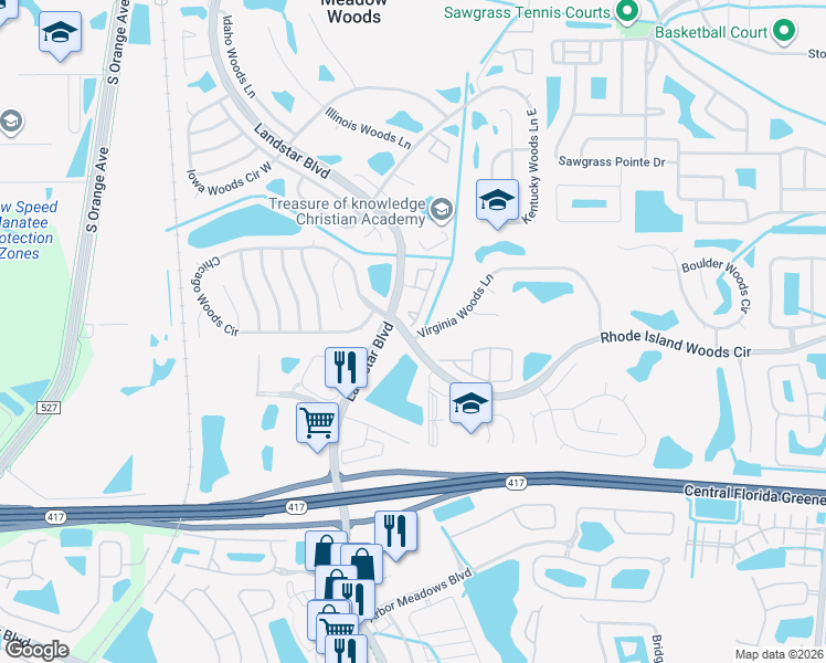 map of restaurants, bars, coffee shops, grocery stores, and more near 402 Rhode Island Woods Circle in Orlando
