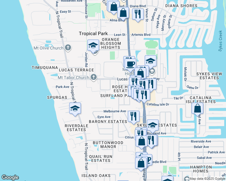 map of restaurants, bars, coffee shops, grocery stores, and more near 985 Date Avenue in Merritt Island