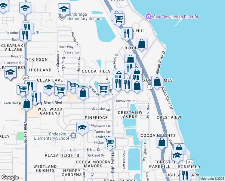 map of restaurants, bars, coffee shops, grocery stores, and more near 1305 North Fiske Boulevard in Cocoa