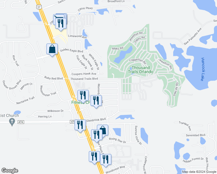 map of restaurants, bars, coffee shops, grocery stores, and more near 16643 Fresh Meadow Drive in Clermont