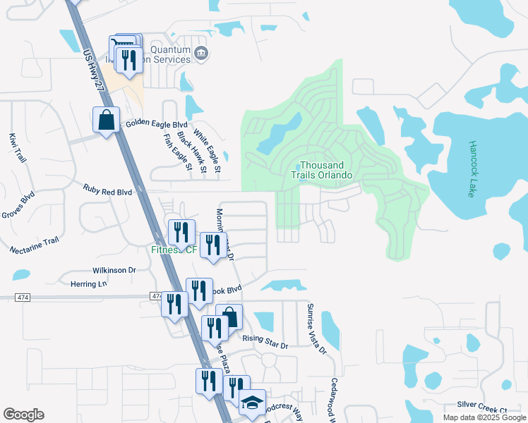 map of restaurants, bars, coffee shops, grocery stores, and more near 16721 Fresh Meadow Drive in Clermont