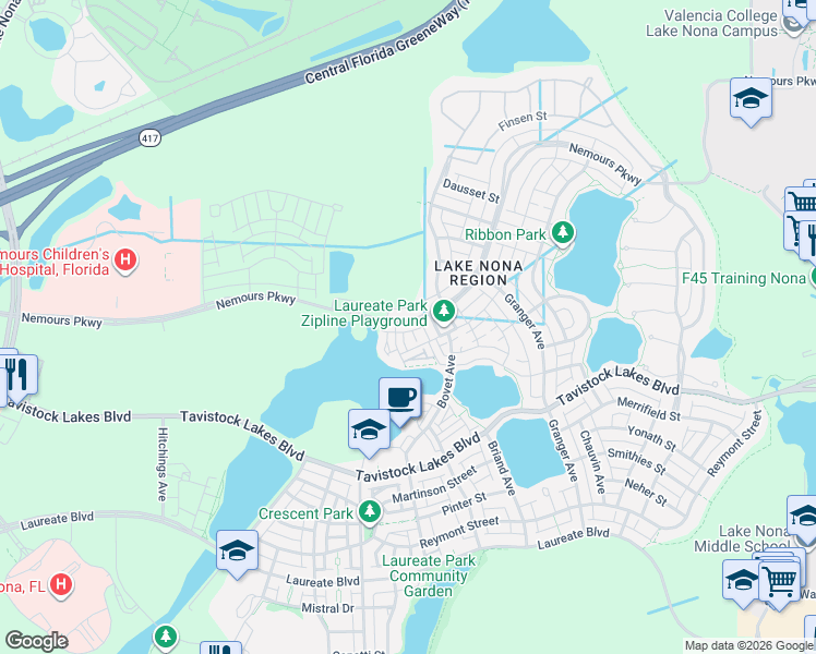 map of restaurants, bars, coffee shops, grocery stores, and more near 7704 Nemours Parkway in Orlando