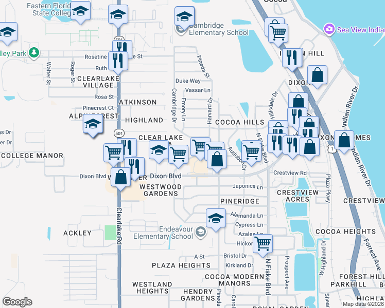 map of restaurants, bars, coffee shops, grocery stores, and more near 1399 West Point Drive in Cocoa
