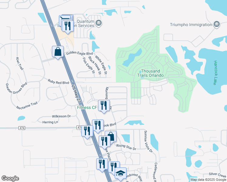 map of restaurants, bars, coffee shops, grocery stores, and more near 16631 Fresh Meadow Drive in Clermont