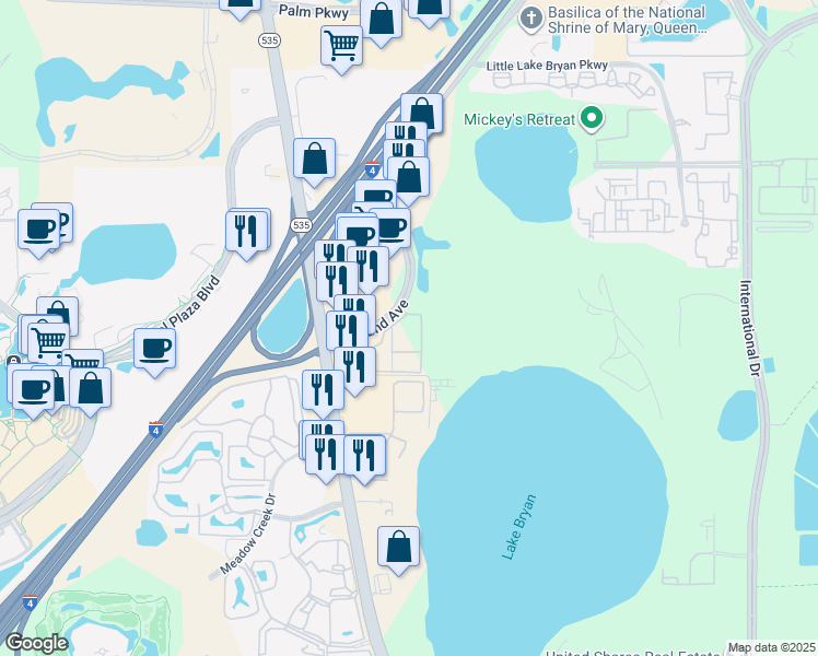map of restaurants, bars, coffee shops, grocery stores, and more near 13003 Plantation Park Circle in Orlando
