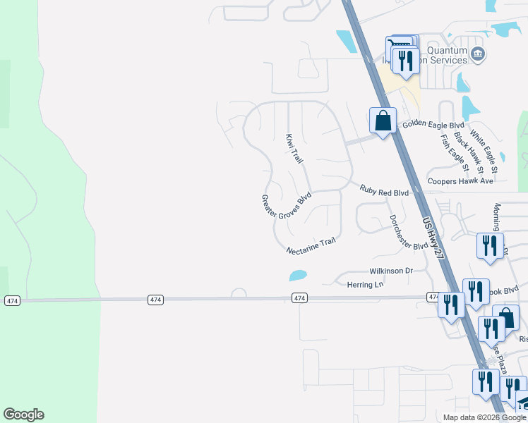 map of restaurants, bars, coffee shops, grocery stores, and more near 1848 Nectarine Trail in Clermont