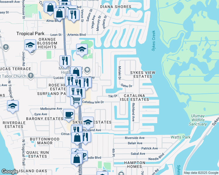 map of restaurants, bars, coffee shops, grocery stores, and more near 205 Trinidad Drive in Merritt Island
