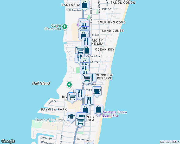map of restaurants, bars, coffee shops, grocery stores, and more near 118 McKinley Avenue in Cocoa Beach