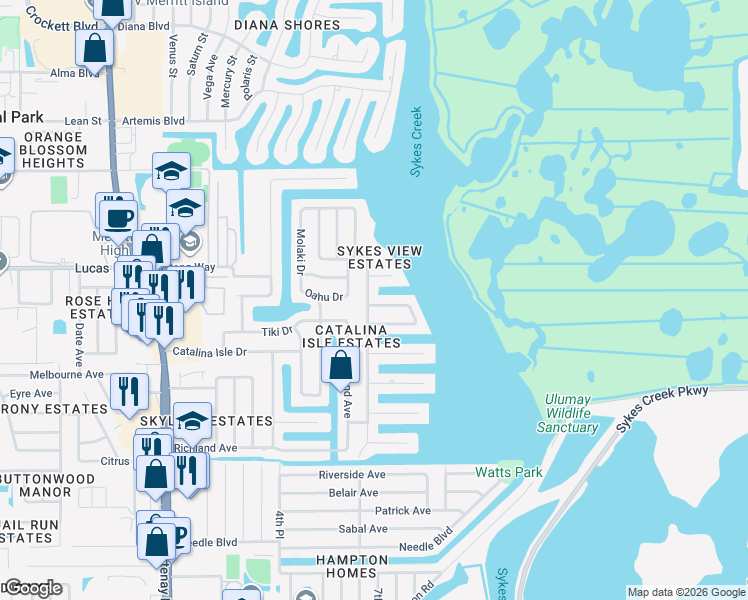 map of restaurants, bars, coffee shops, grocery stores, and more near 400 Caracas Drive in Merritt Island