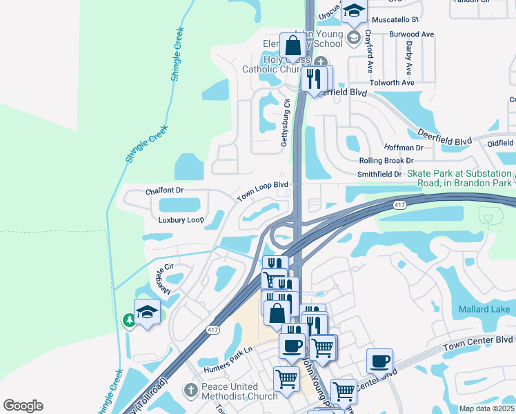 map of restaurants, bars, coffee shops, grocery stores, and more near 4341 Summit Creek Boulevard in Orlando