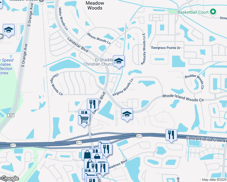 map of restaurants, bars, coffee shops, grocery stores, and more near 519 Azinger Circle in Orlando
