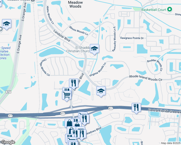 map of restaurants, bars, coffee shops, grocery stores, and more near 519 Azinger Circle in Orlando