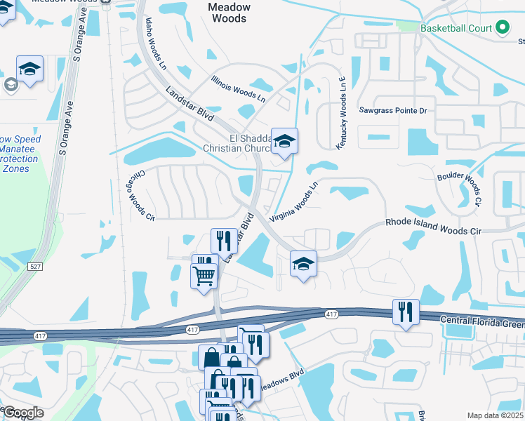 map of restaurants, bars, coffee shops, grocery stores, and more near 519 Azinger Circle in Orlando