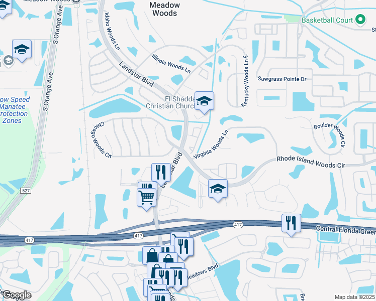 map of restaurants, bars, coffee shops, grocery stores, and more near 519 Azinger Circle in Orlando