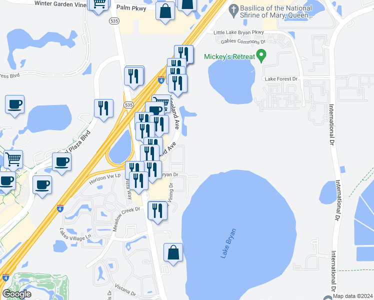 map of restaurants, bars, coffee shops, grocery stores, and more near 13013 Mulberry Park Drive in Orlando