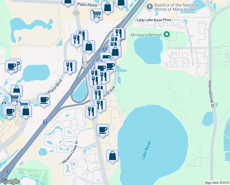 map of restaurants, bars, coffee shops, grocery stores, and more near 13001 Mulberry Park Drive in Orlando