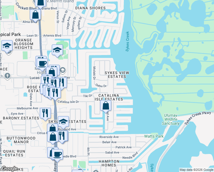 map of restaurants, bars, coffee shops, grocery stores, and more near 710 Oahu Drive in Merritt Island
