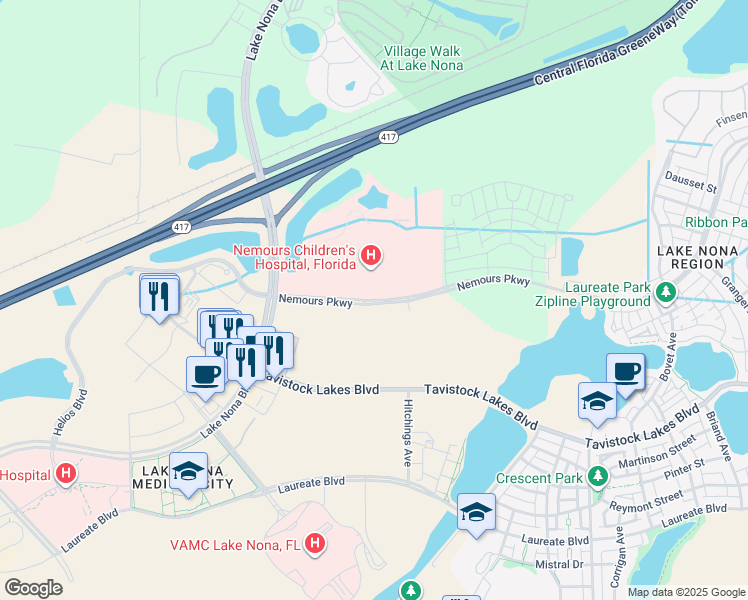 map of restaurants, bars, coffee shops, grocery stores, and more near Nemours Parkway in Orlando