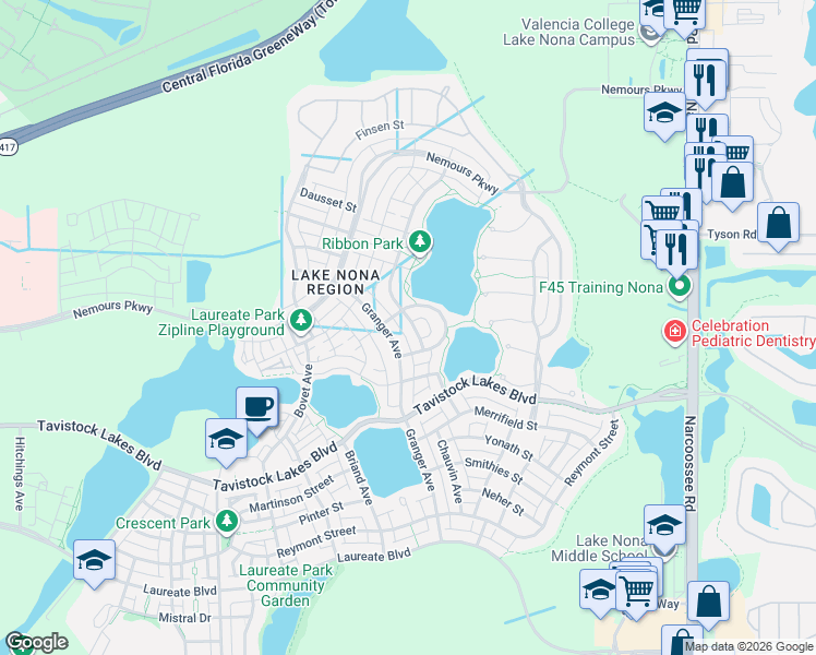 map of restaurants, bars, coffee shops, grocery stores, and more near 8850 Upper Carrel Circle in Orlando