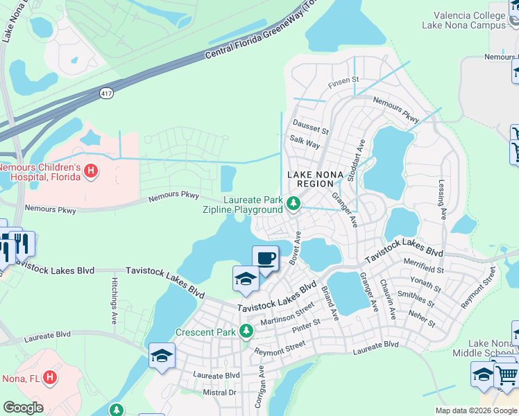 map of restaurants, bars, coffee shops, grocery stores, and more near 8753 Tavistock Lakes Boulevard in Orlando