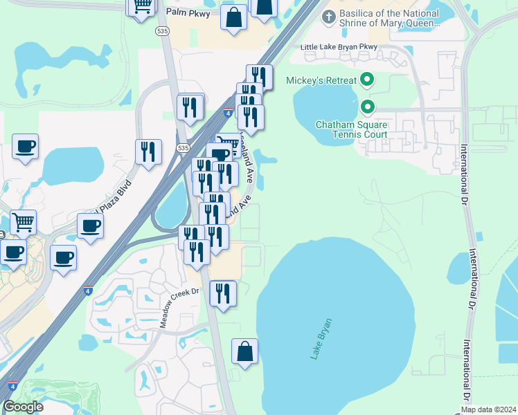 map of restaurants, bars, coffee shops, grocery stores, and more near 13013 Mulberry Park Drive in Orlando