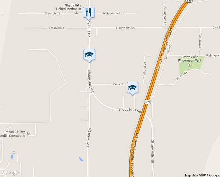 map of restaurants, bars, coffee shops, grocery stores, and more near 16146 Crela Drive in Spring Hill