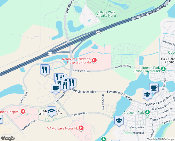 map of restaurants, bars, coffee shops, grocery stores, and more near 13597 Nemours Parkway in Orlando