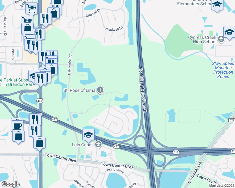 map of restaurants, bars, coffee shops, grocery stores, and more near 1343 Aguacate Court in Orlando