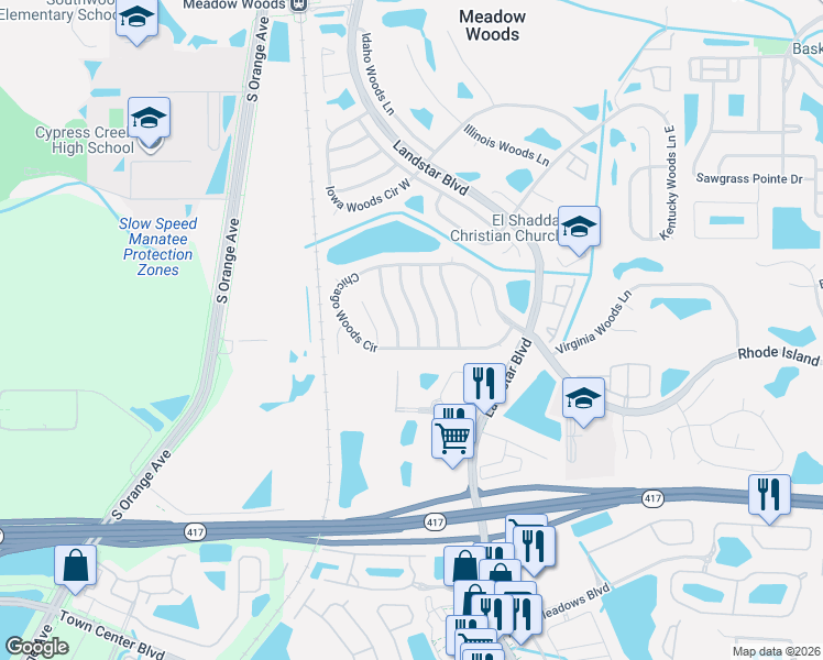 map of restaurants, bars, coffee shops, grocery stores, and more near 13114 Phoenix Woods Lane in Orlando