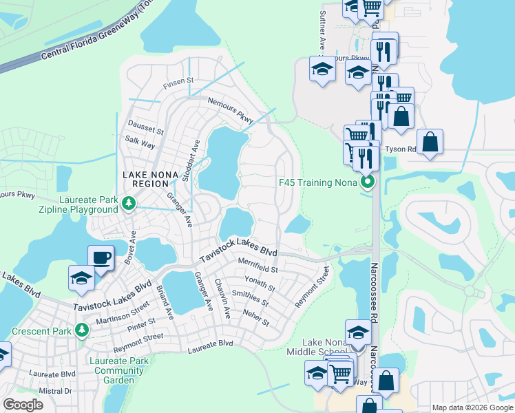 map of restaurants, bars, coffee shops, grocery stores, and more near 9393 Dugard Court in Orlando