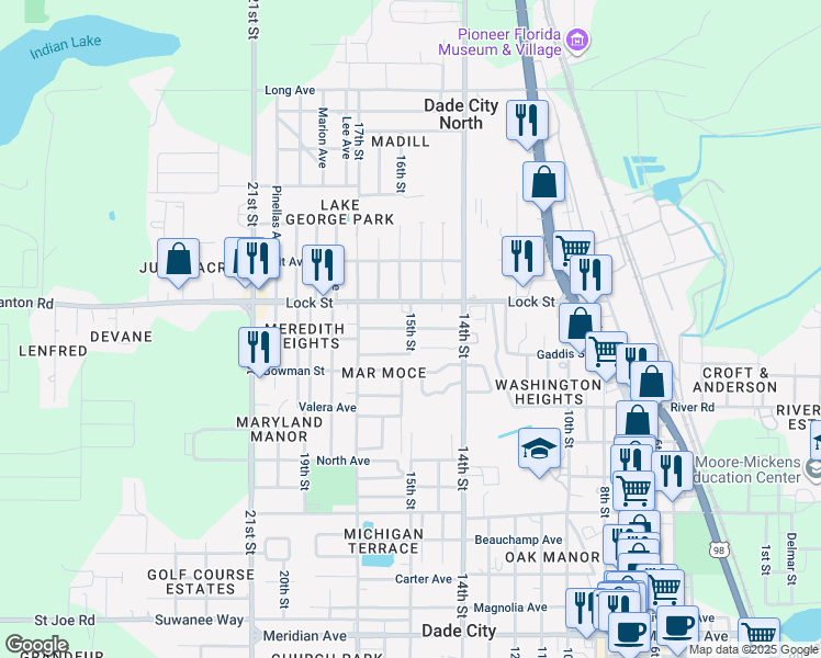 map of restaurants, bars, coffee shops, grocery stores, and more near Oak Street in Dade City