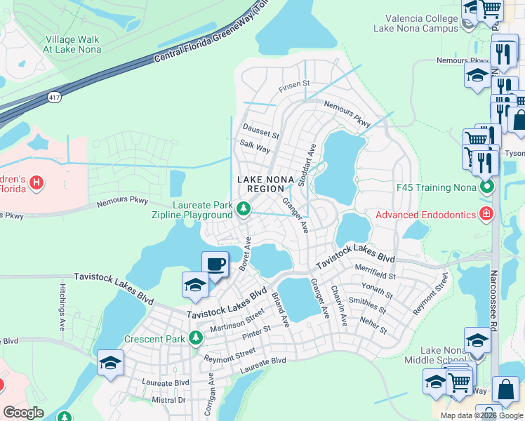 map of restaurants, bars, coffee shops, grocery stores, and more near 13107 Bovet Avenue in Orlando